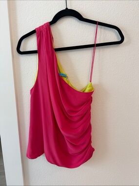 Alice + Olivia Hot Pink One-Shoulder Camisole with Lime Accents